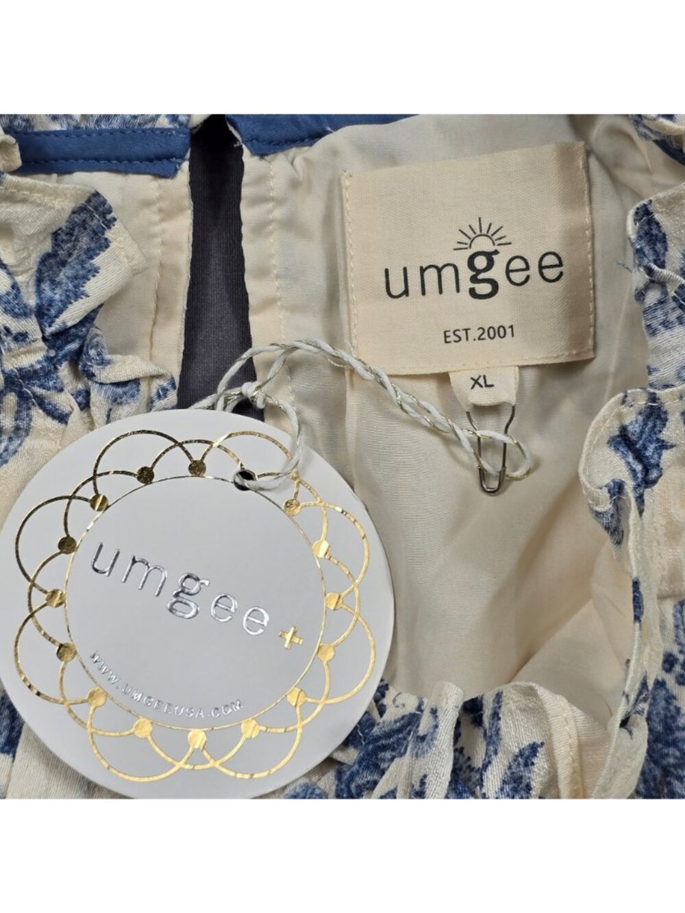 NEW Umgee XL Ruffle Sleeve White Blue Floral Cottage Core Babydoll Dress Boho - Picture 3 of 4